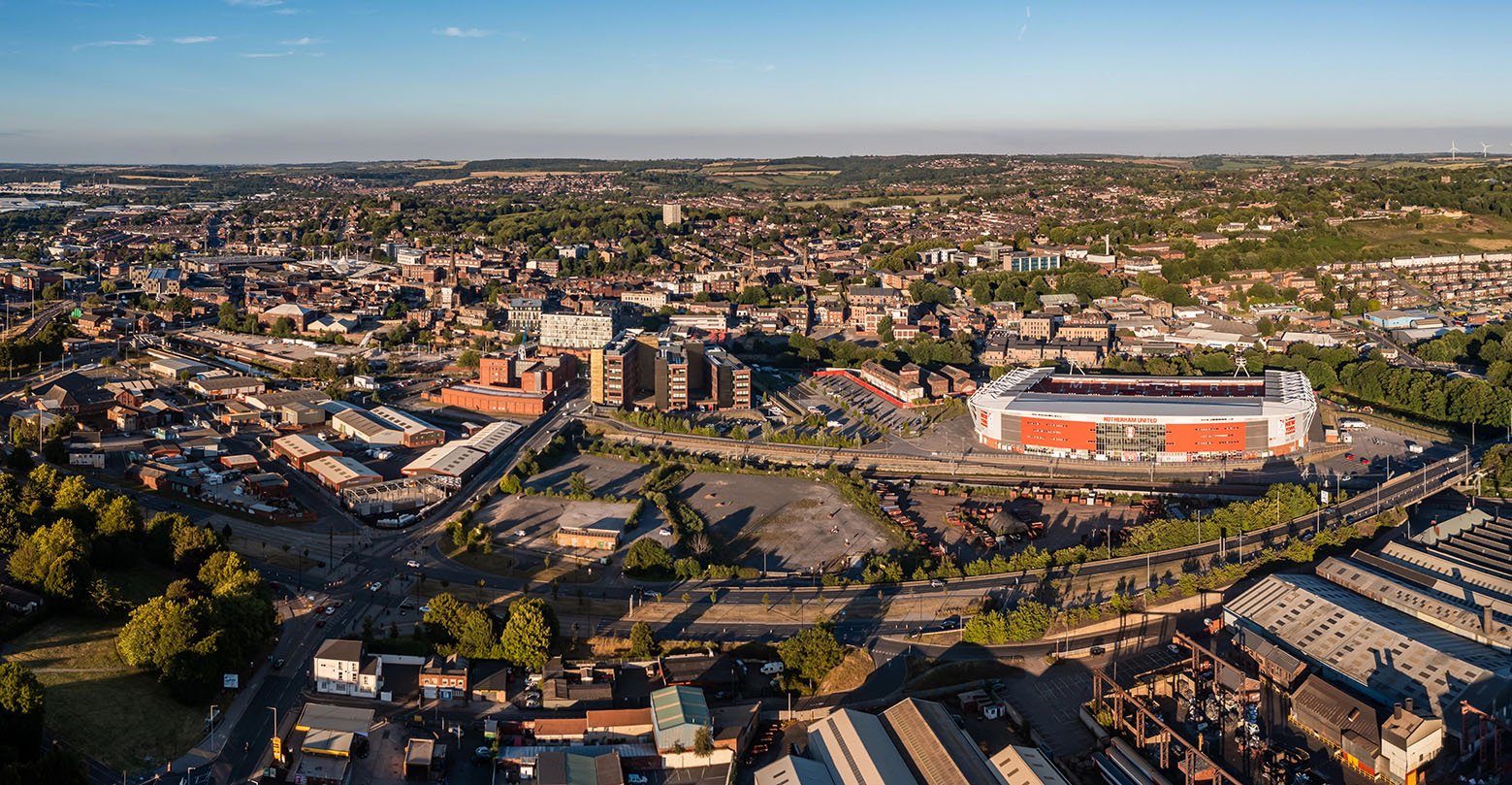 ROTHERHAM, UK - JULY 7, 2022.  An aerial view of Rotherham cityscape in South Yorkshire with The New York Football Stadium which is hosting the Women's Euro 2022 football championships
